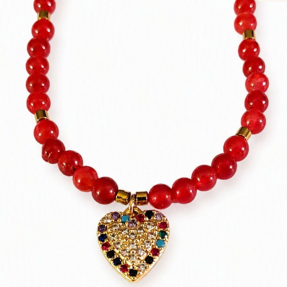 VTG Inspired Fuchsia Natural Gemstone Multicolor Crystal Heart 16" Necklace